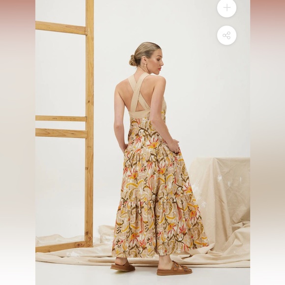 mon renn kindred tan print cut out halter neck linen blend tiered maxi dress new - Picture 4 of 8